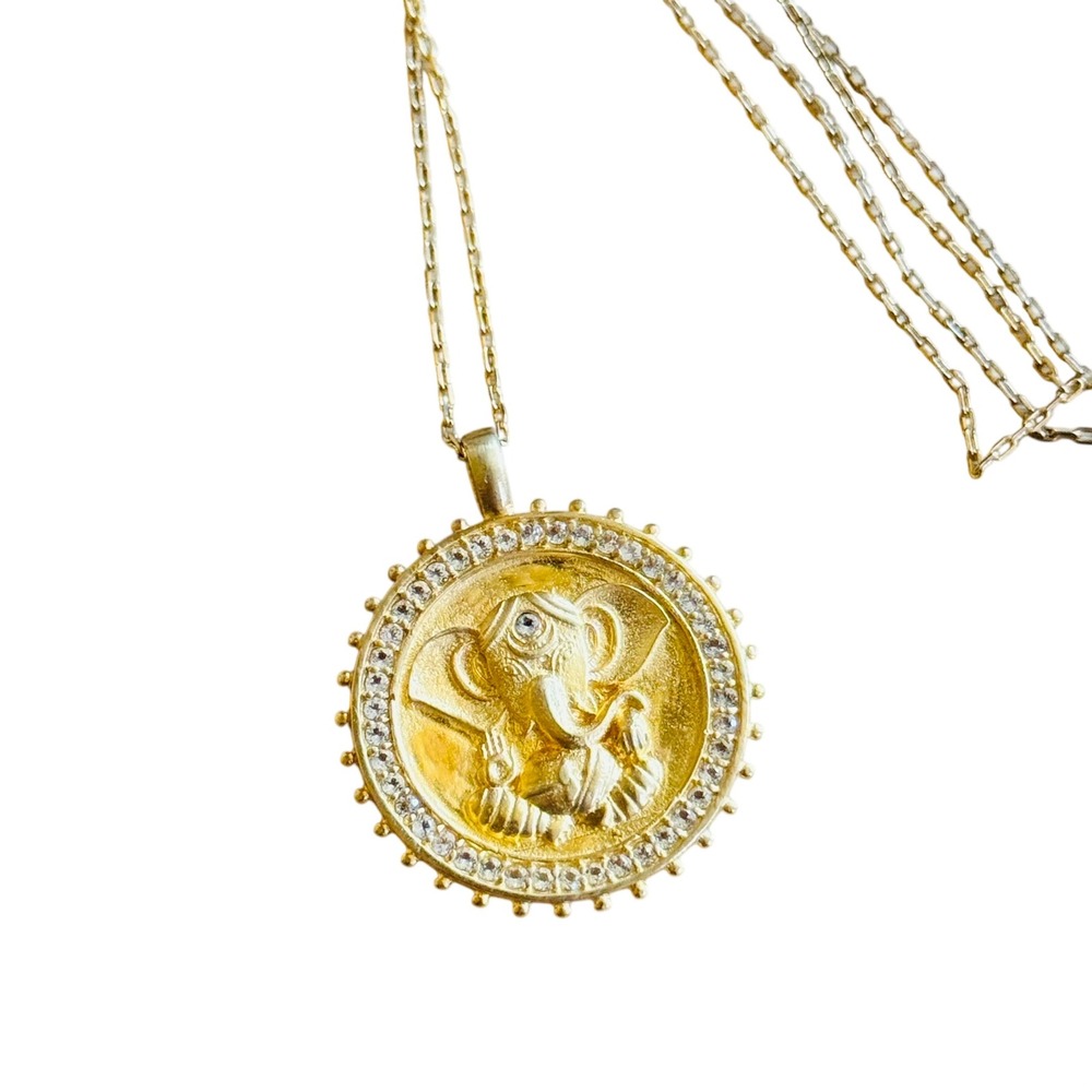 Satya Ganesh Hindu God Path To Success Necklace Topaz 18K Gold Plated Chain 30"